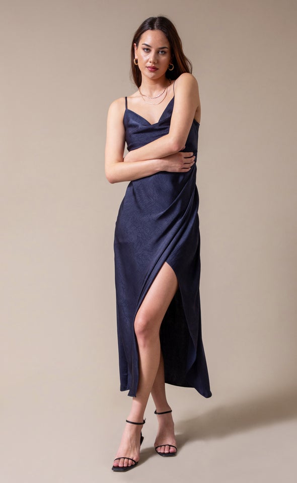 Satin Bias Pleat Detail Gown Navy