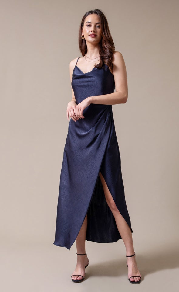 Satin Bias Pleat Detail Gown Navy