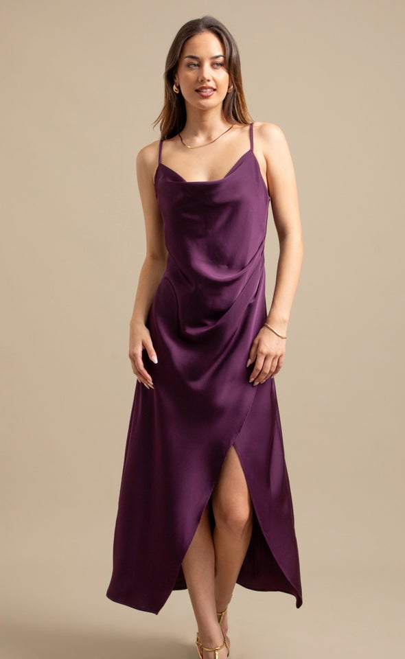 Satin Bias Pleat Detail Gown Purple