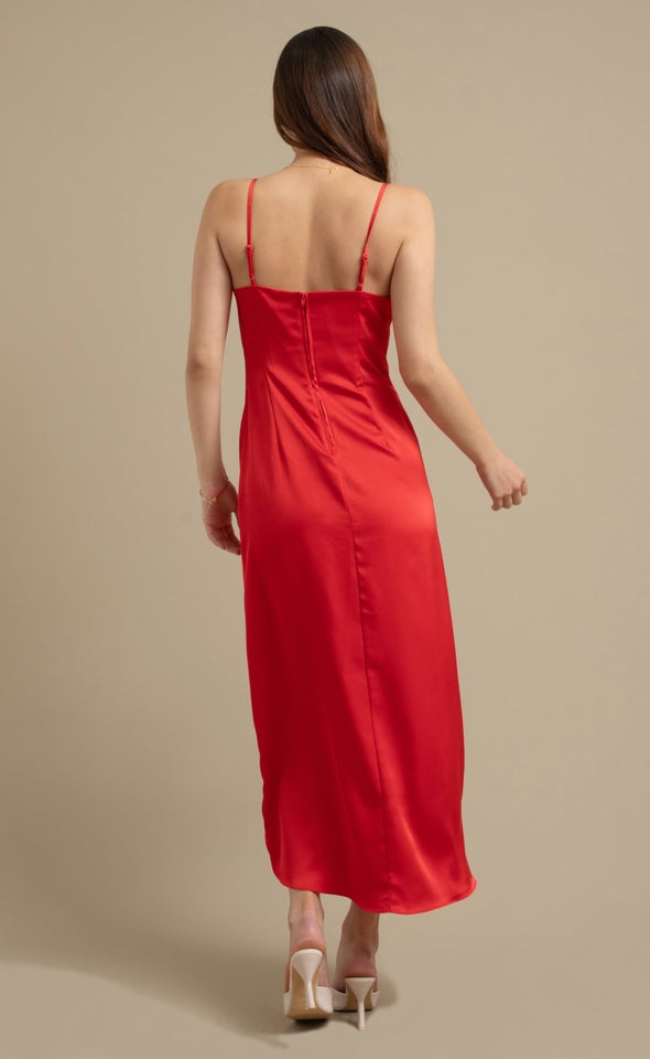 Satin Bias Pleat Detail Gown Red