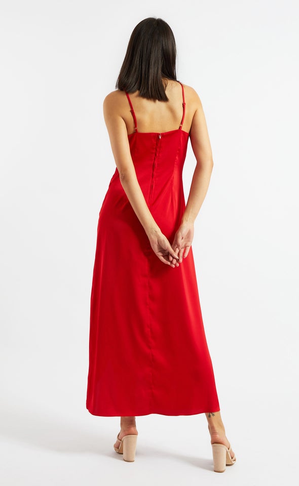 Satin Bias Pleat Detail Gown Red