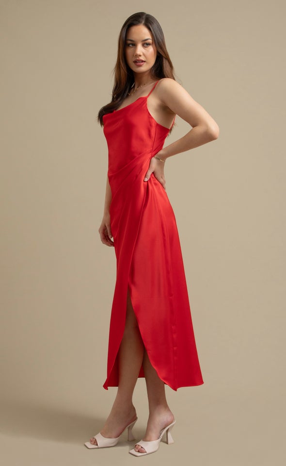 Satin Bias Pleat Detail Gown Red