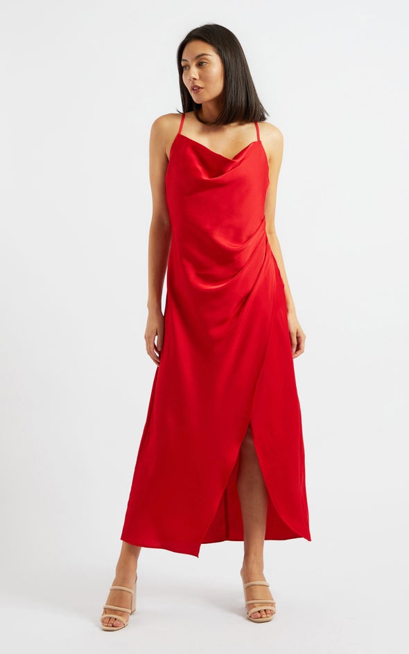 Satin Bias Pleat Detail Gown Red