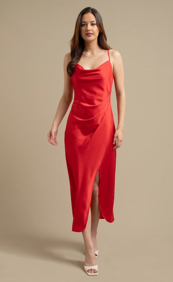 Satin Bias Pleat Detail Gown Red