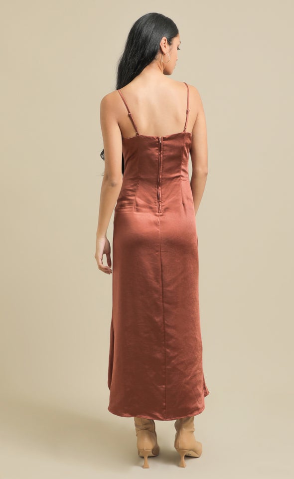 Satin Bias Pleat Detail Gown Rust