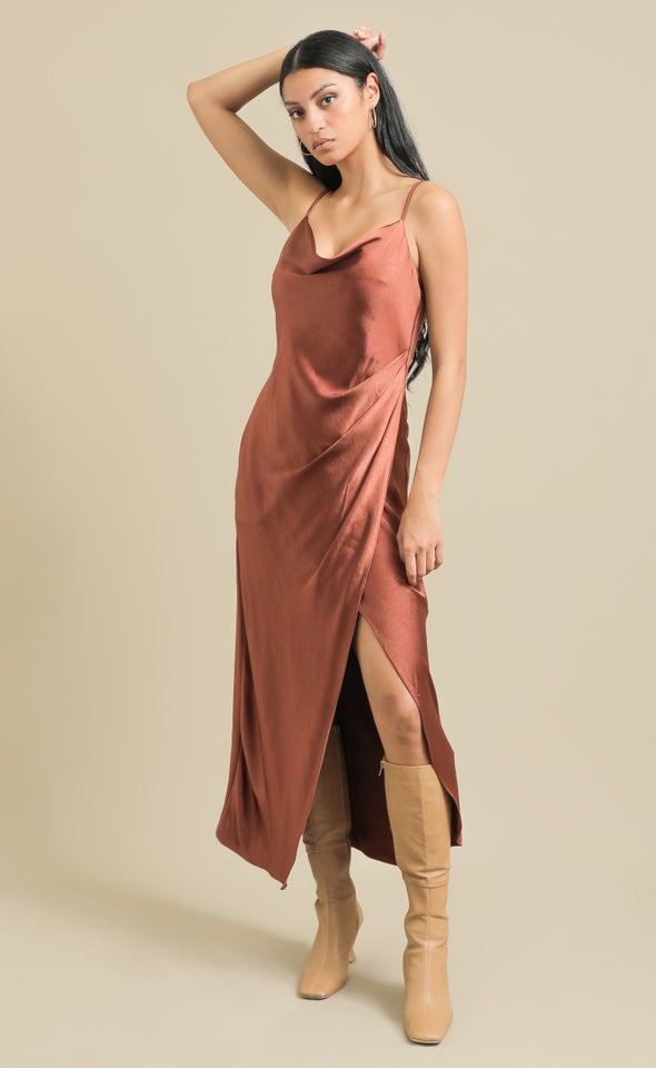 Satin Bias Pleat Detail Gown Rust
