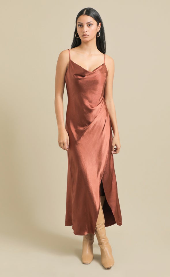 Satin Bias Pleat Detail Gown Rust