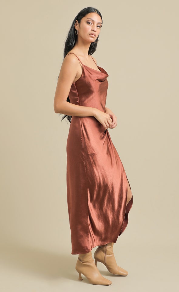 Satin Bias Pleat Detail Gown Rust