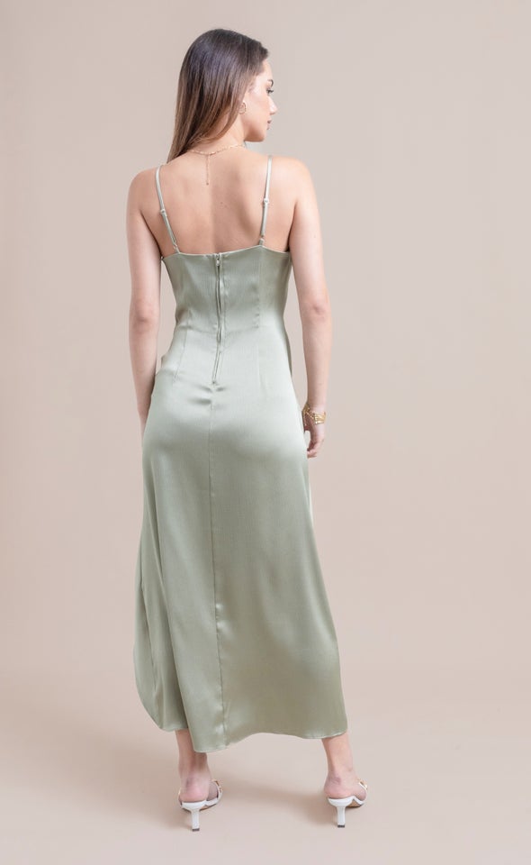 Satin Bias Pleat Detail Gown Sage