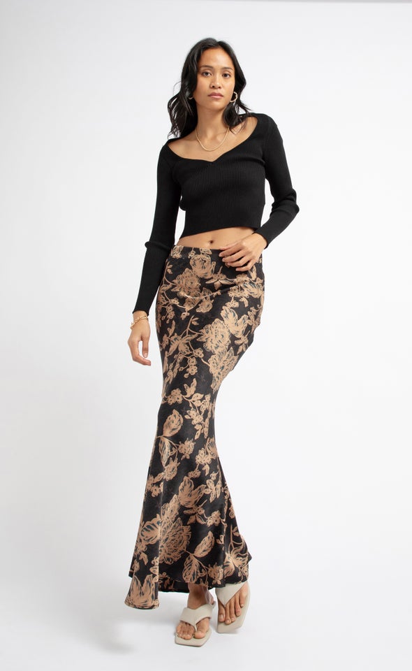 Satin Bias Printed Midi Blk/print