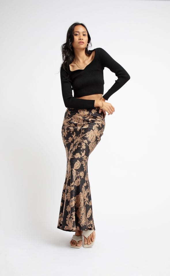 Satin Bias Printed Midi Blk/print