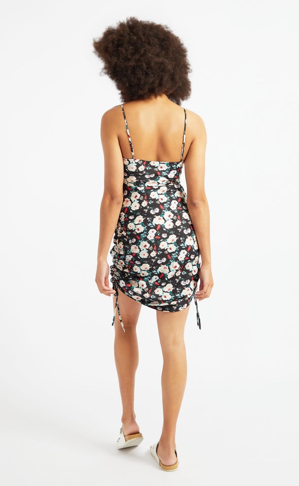 Satin Bias Ruched Slip Dress Black/floral