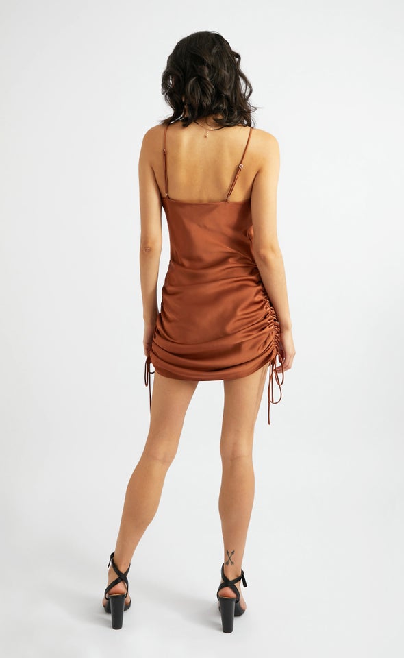 Satin Bias Ruched Slip Dress Burnt Sienna
