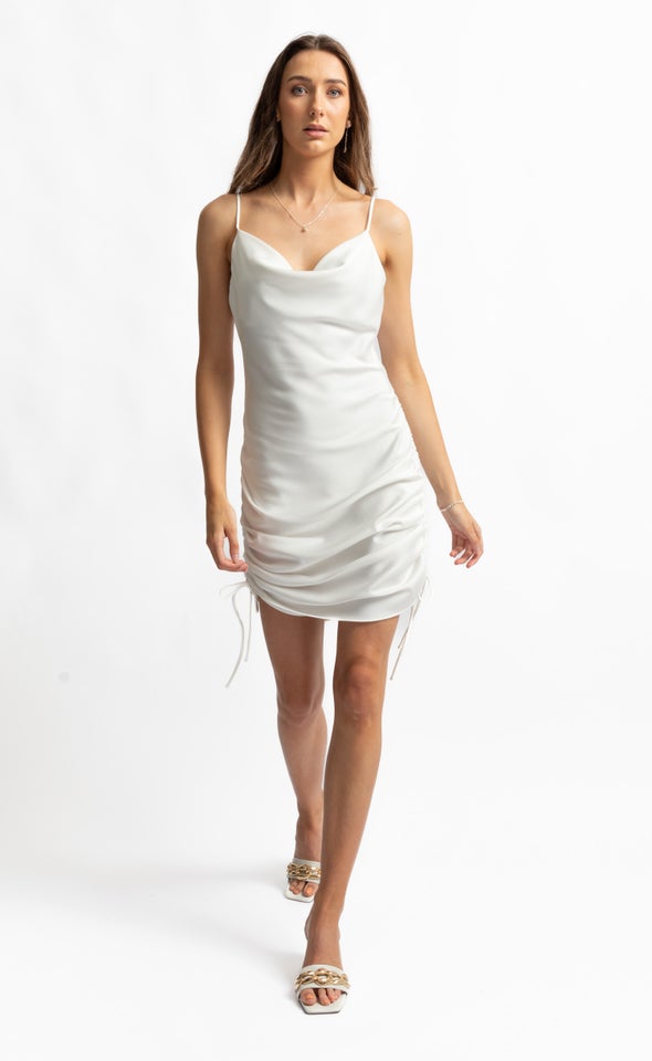 Satin Bias Ruched Slip Dress Cream