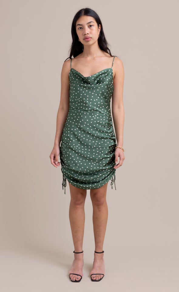 Satin Bias Ruched Slip Dress Green/cream