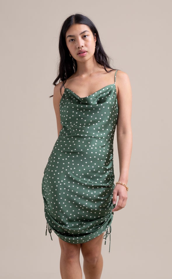 Satin Bias Ruched Slip Dress Green/cream