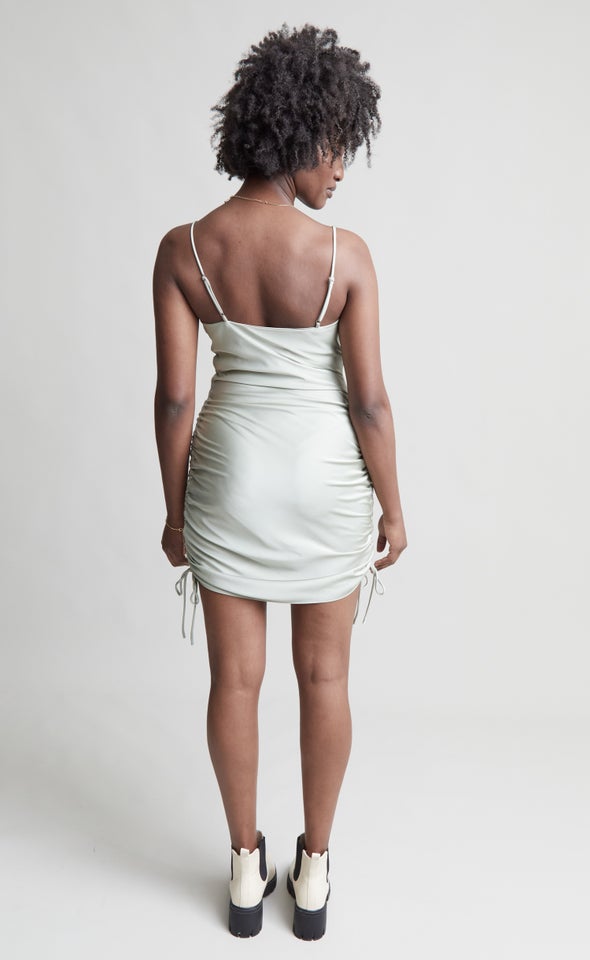 Satin Bias Ruched Slip Dress Light Sage