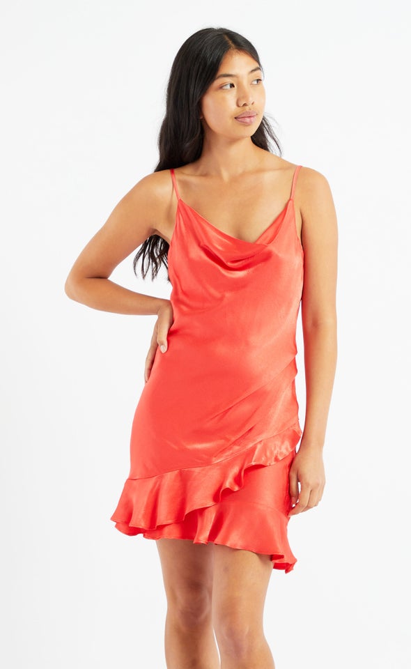 Satin Bias Ruffle Mini Dress Neon Coral