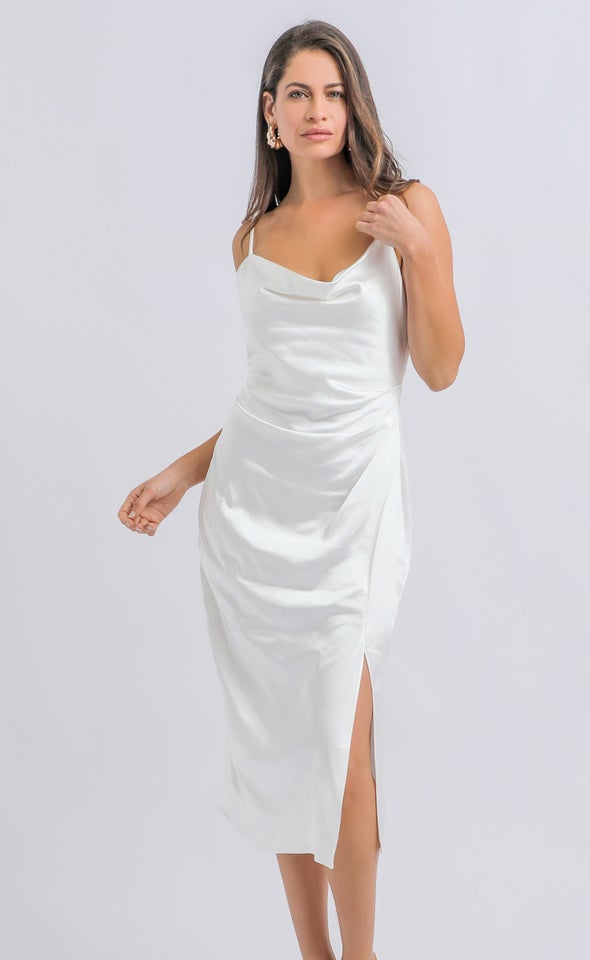 Satin Bias Split Detail Dress Cream