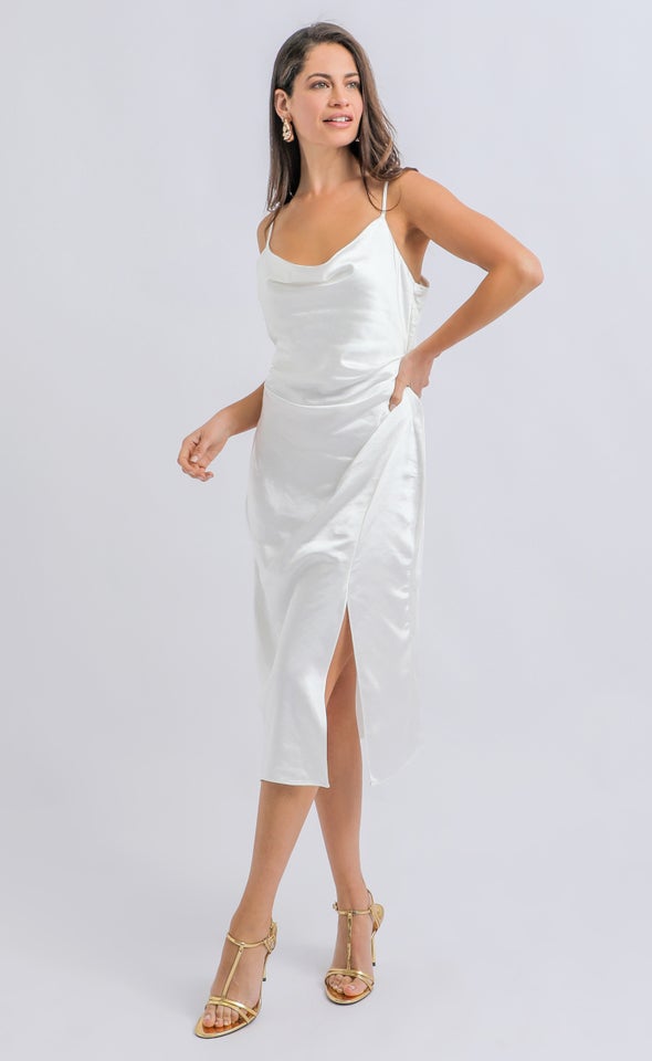 Satin Bias Split Detail Dress Cream