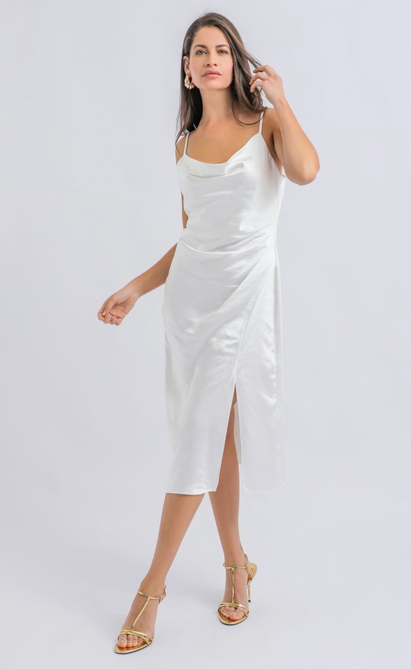 Satin Bias Split Detail Dress Cream