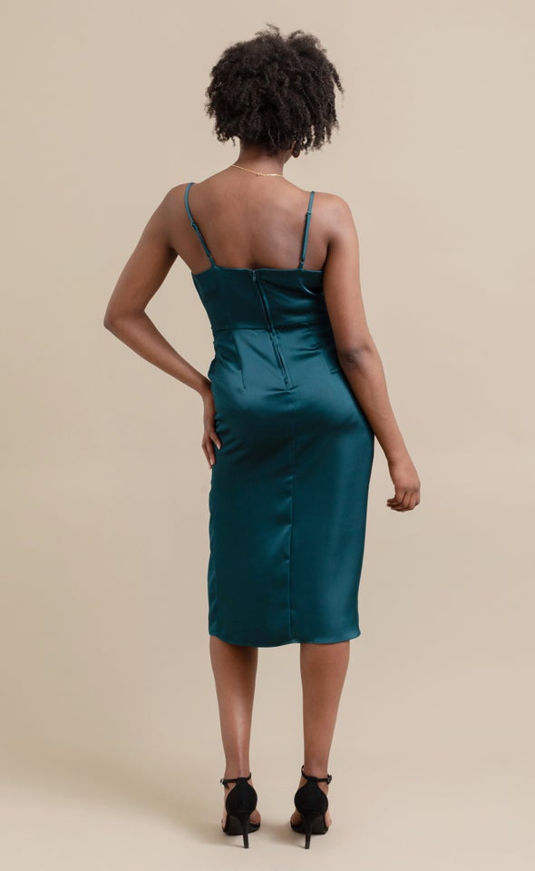 Satin Bias Split Detail Dress Dark Emerald