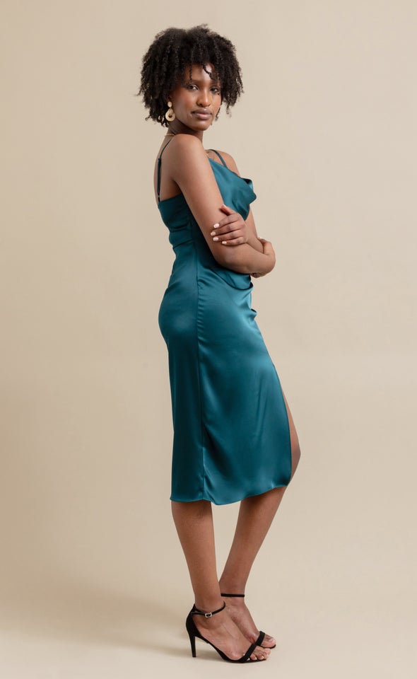 Satin Bias Split Detail Dress Dark Emerald