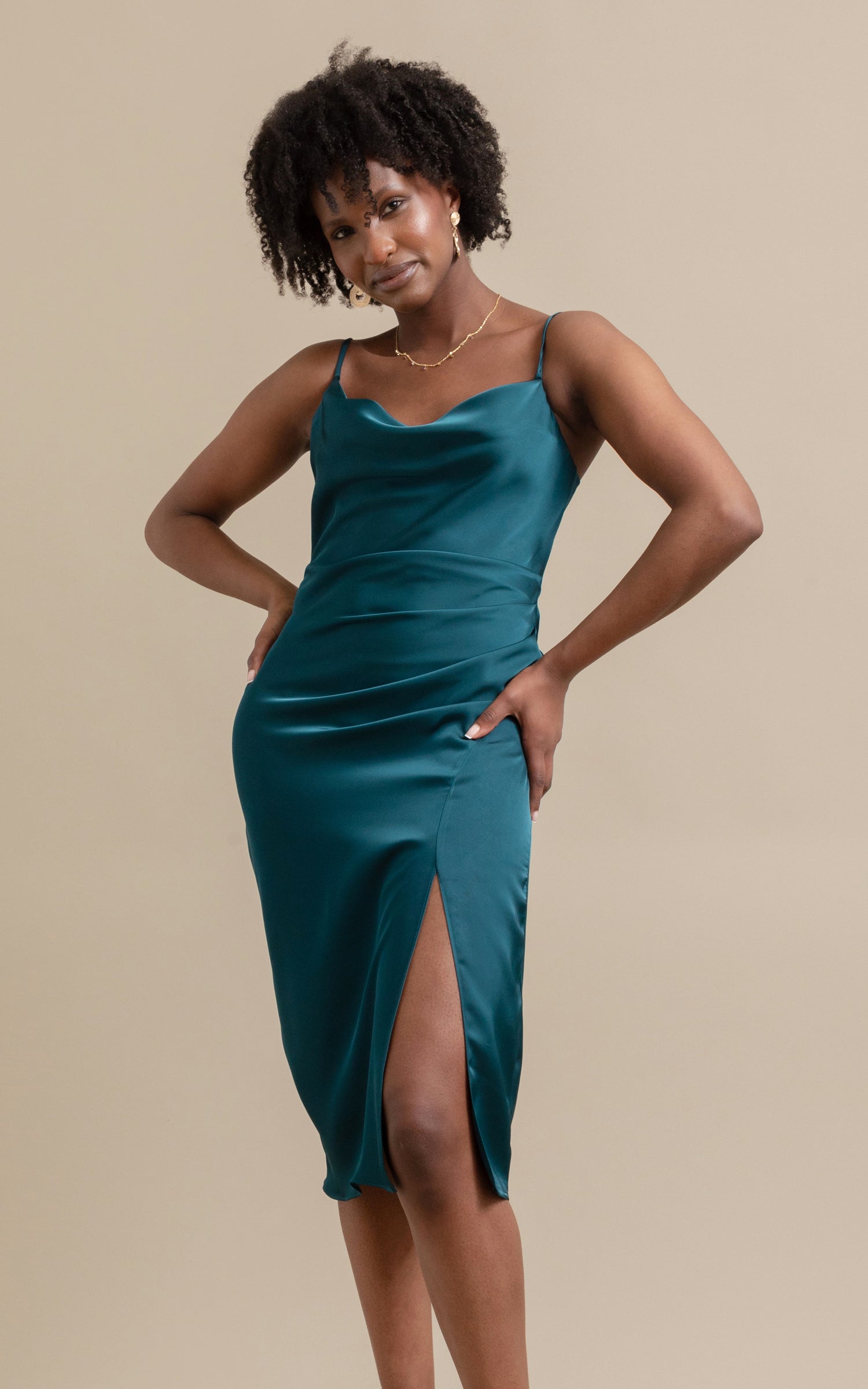 dark emerald satin dress Elegant One-Shoulder Draped Satin Gown with Side Slit Black, Emerald, Navy