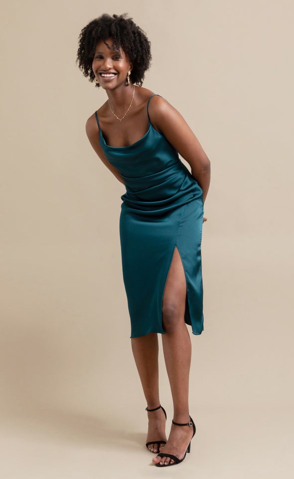 Satin Bias Split Detail Dress Dark Emerald