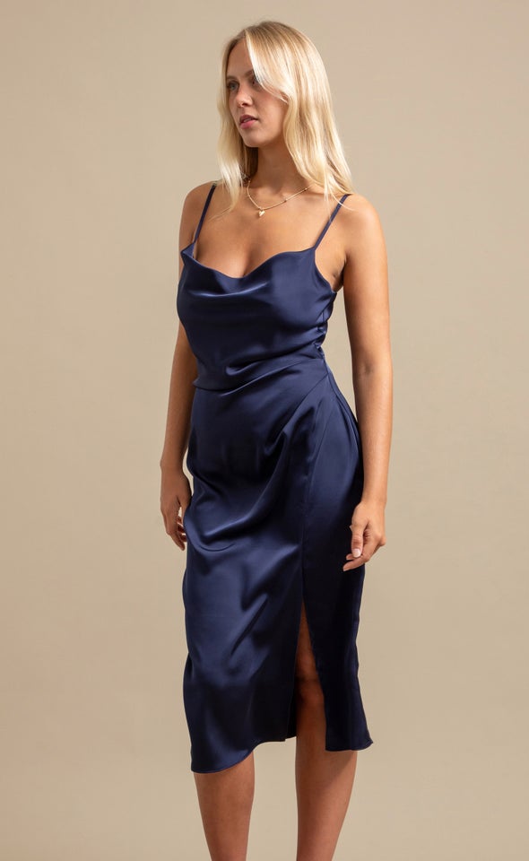 Satin Bias Split Detail Dress Ink