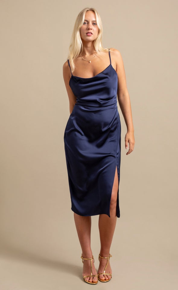 Satin Bias Split Detail Dress Ink