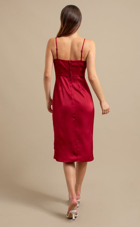 Satin Bias Split Detail Dress Maroon
