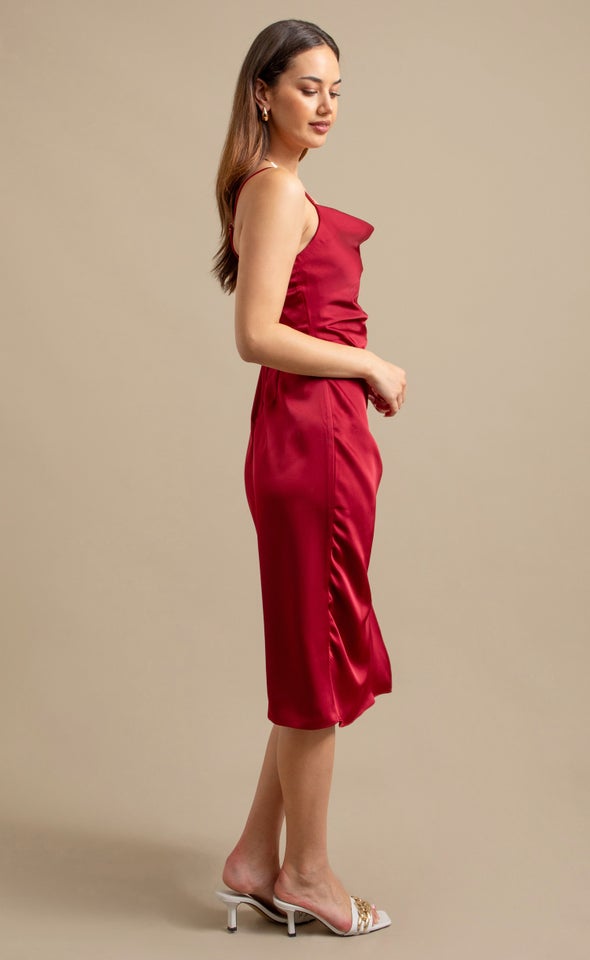 Satin Bias Split Detail Dress Maroon