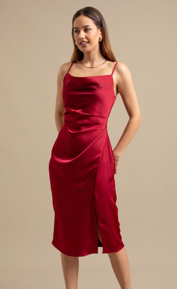 Satin Bias Split Detail Dress Maroon