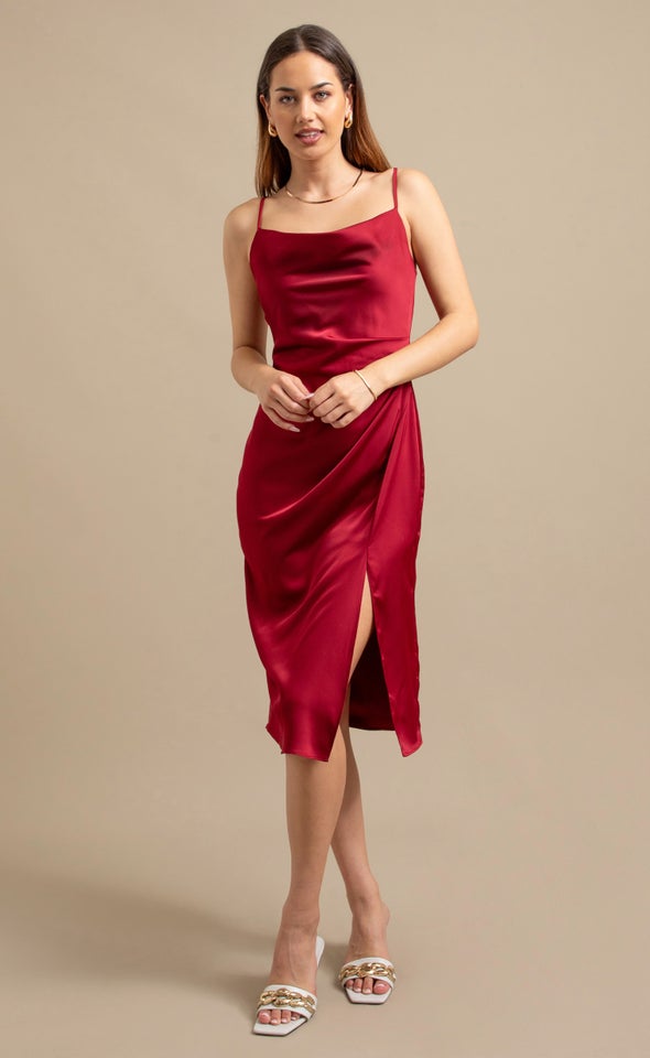 Satin Bias Split Detail Dress Maroon