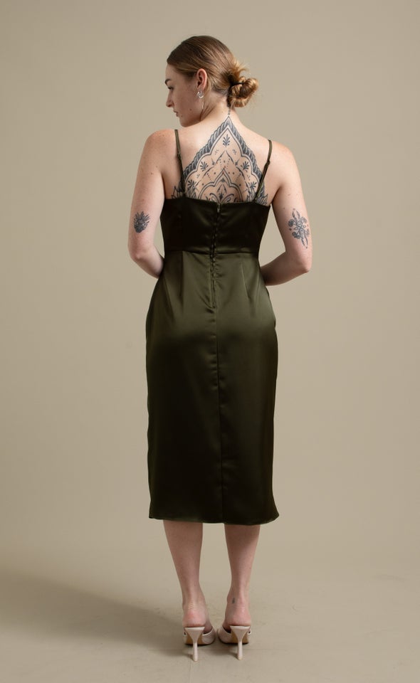Satin Bias Split Detail Dress Olive