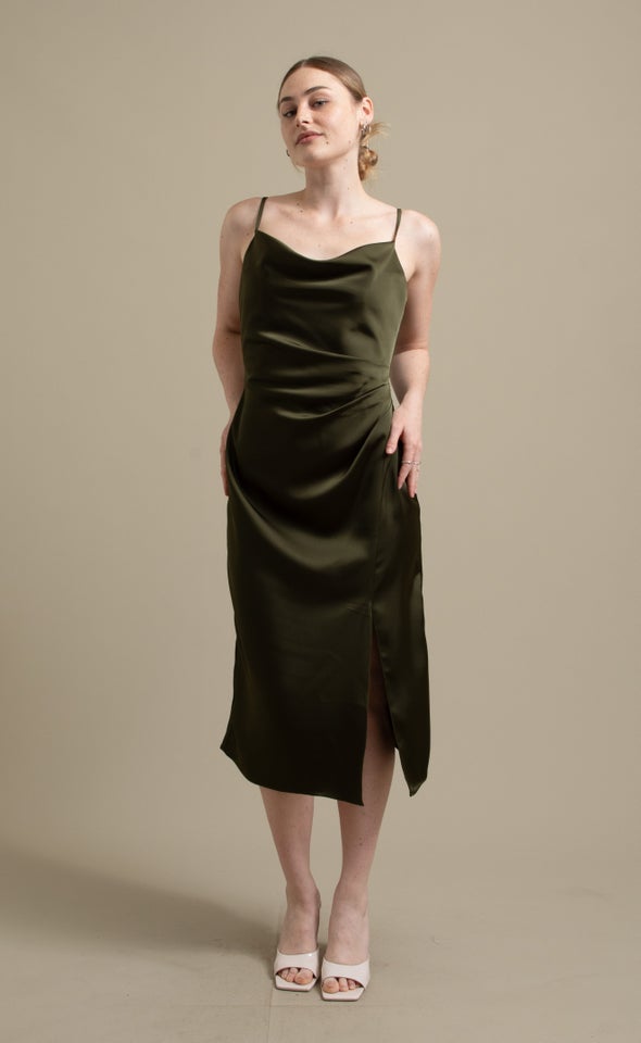 Satin Bias Split Detail Dress Olive