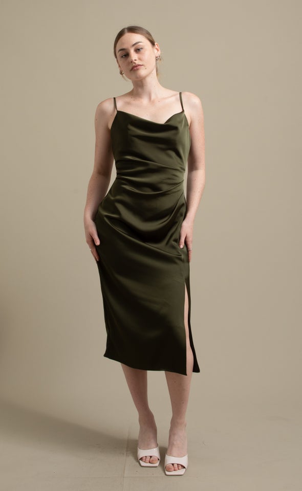 Satin Bias Split Detail Dress Olive