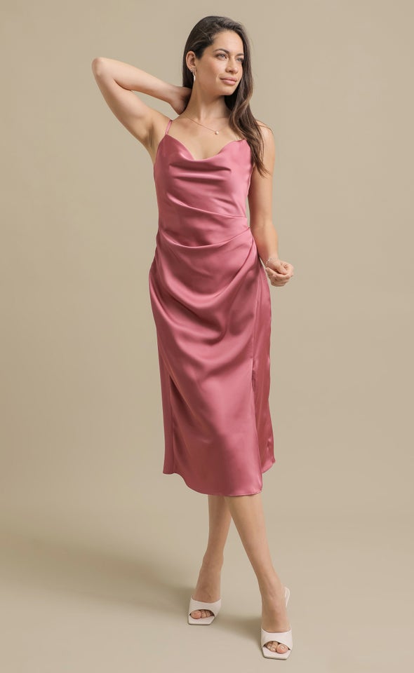 Satin Bias Split Detail Dress Rose