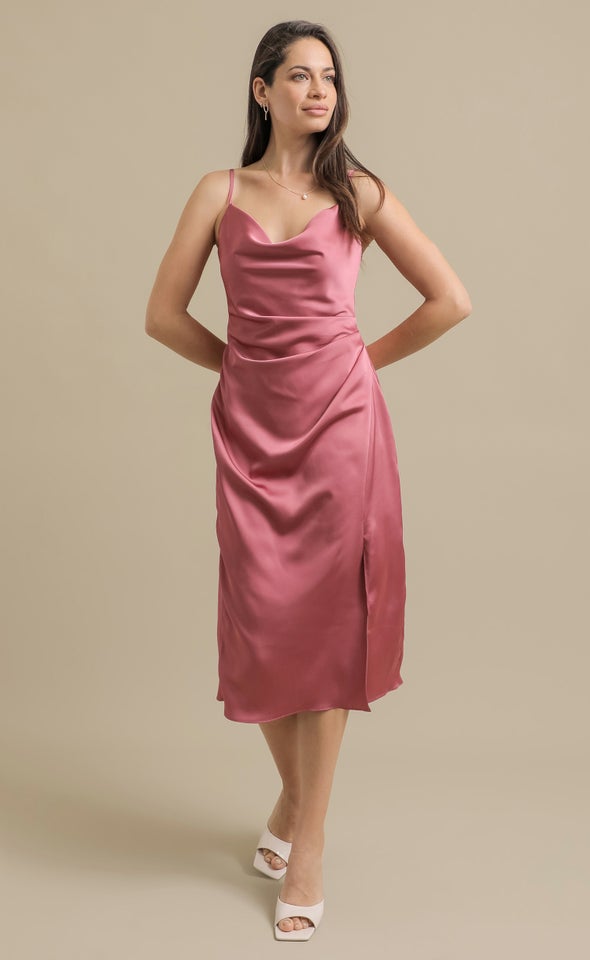 Satin Bias Split Detail Dress Rose