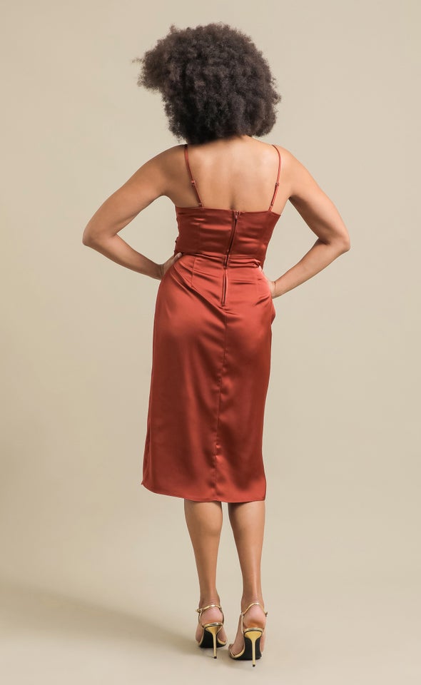 Satin Bias Split Detail Dress Rust