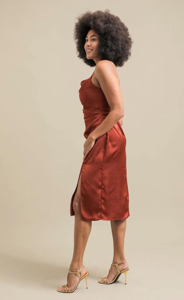 Satin Bias Split Detail Dress Rust