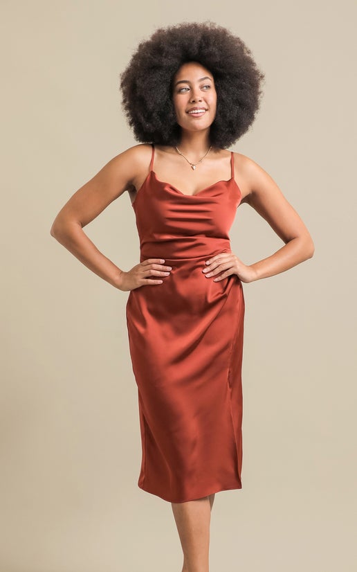 Shop our Satin Bias Split Detail Dress in Rust | Pagani