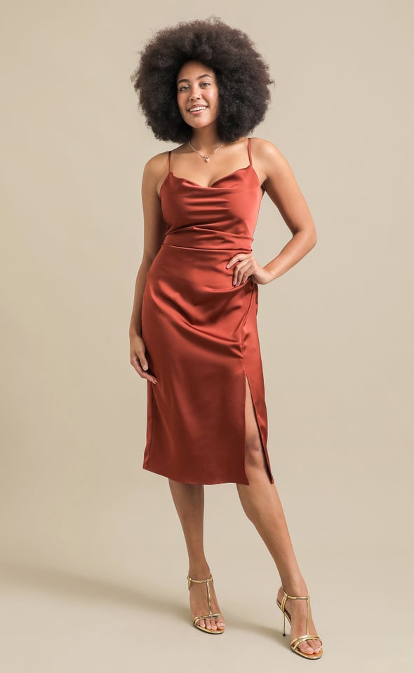 Satin Bias Split Detail Dress Rust