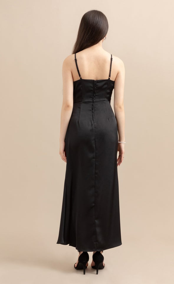 Satin Bias Split Detail Gown Black