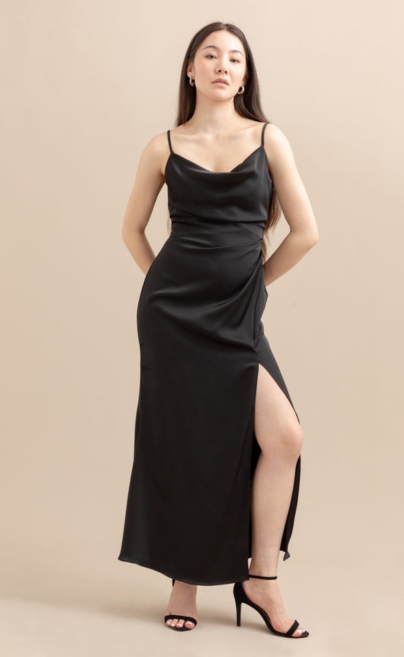 Satin Bias Split Detail Gown Black