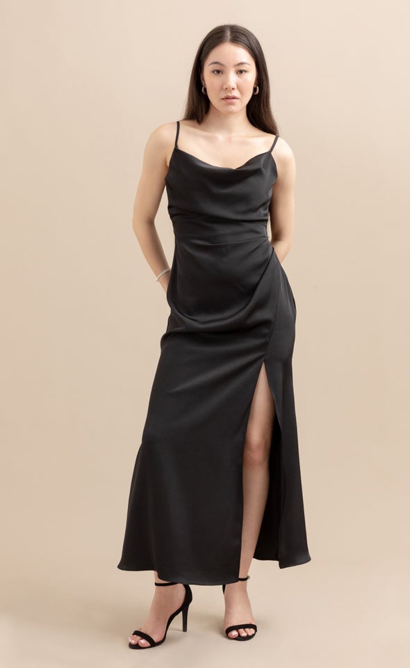 Satin Bias Split Detail Gown Black