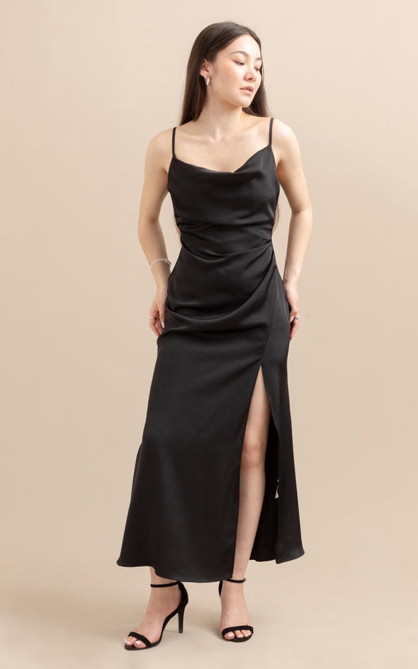 Satin Bias Split Detail Gown Black