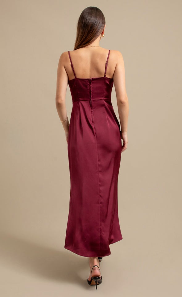 Satin Bias Split Detail Gown Burgundy