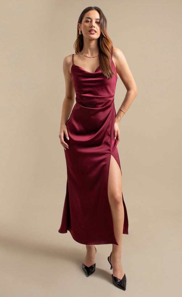 Satin Bias Split Detail Gown Burgundy